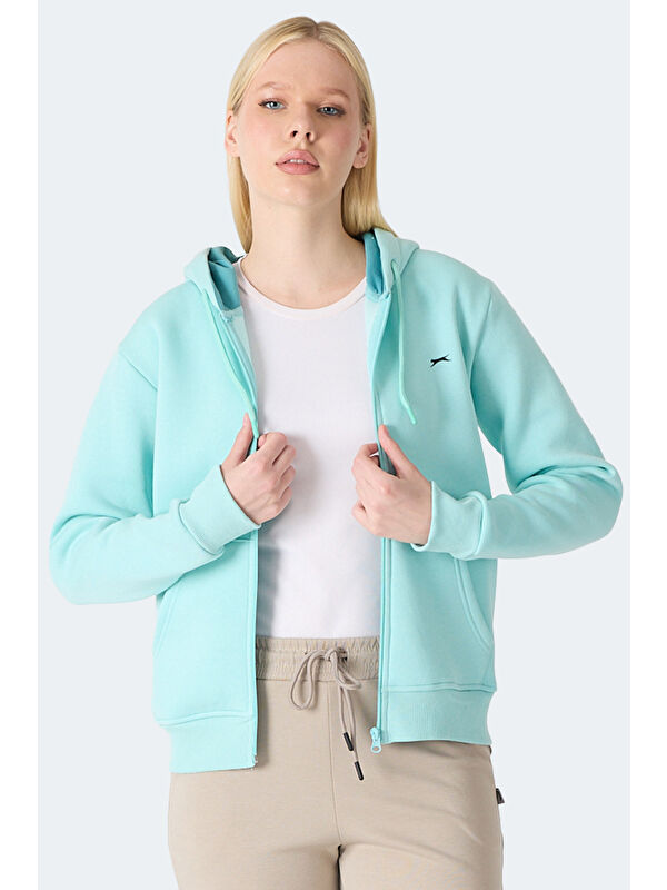 SLAZENGER MILIO I Kadın Fermuarlı Kapüşonlu Cepli Turkuaz Sweatshırt