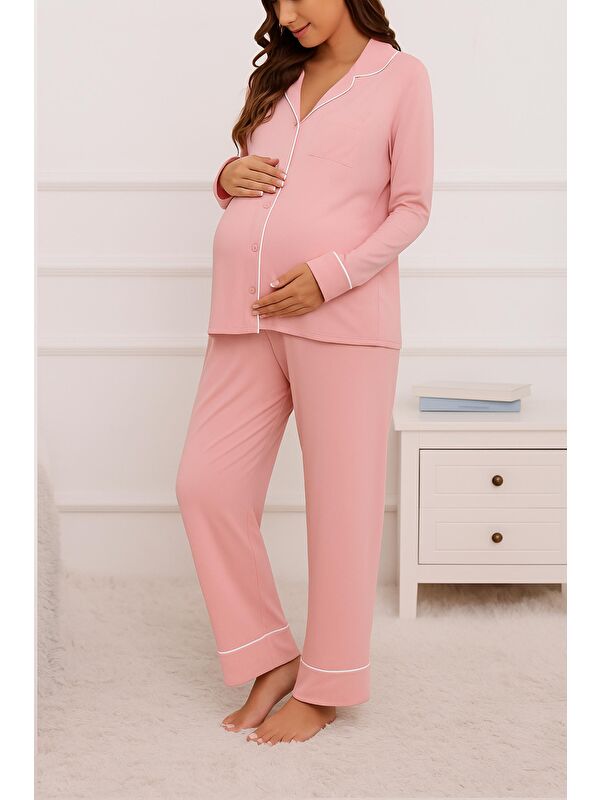 MİSS DÜNYA LİSSA Pudra Gömlek Yaka Önden Düğmeli Uzun Kol Rahat Form Hamile ve Lohusa Pijama Takımı