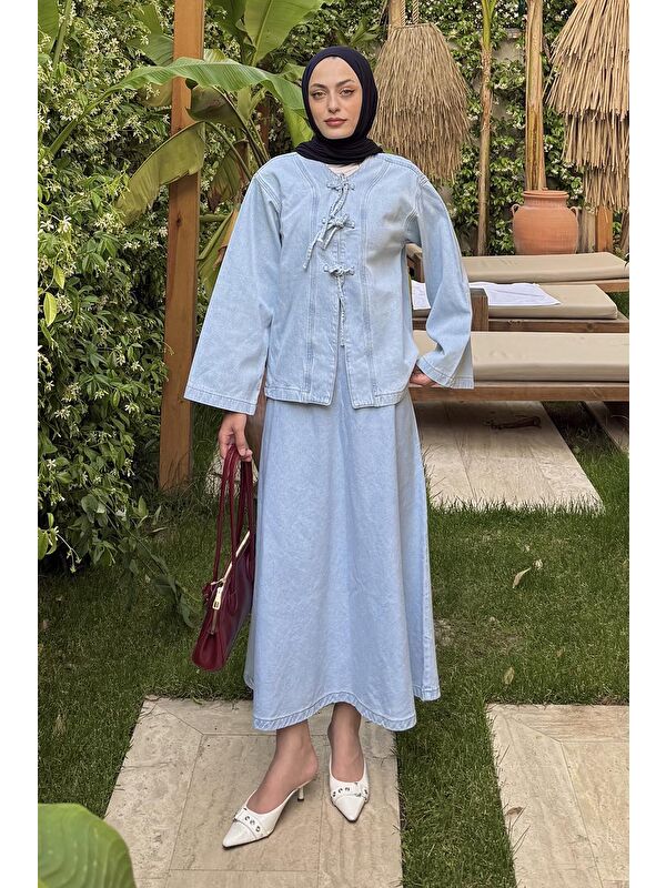 Lamelif Bağcık Detaylı Denim Takım Buz Mavisi