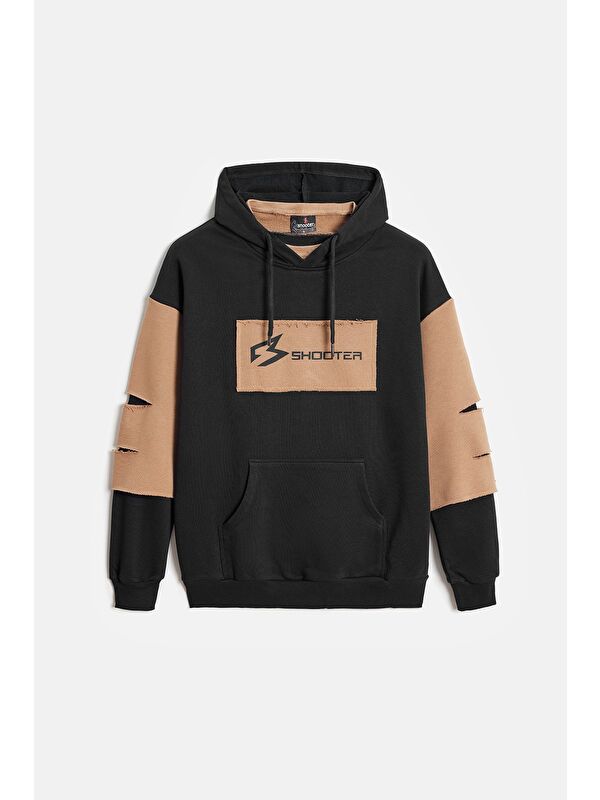 Shooter Sportswear Siyah - Bej Erkek Oversize Kapüşonlu Baskılı Kanguru Cepli Sweatshirt