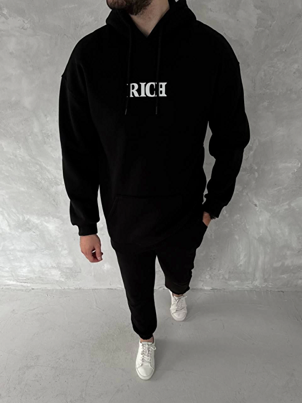 Jane's Uzun Kol Kapüşonlu Göğüs Baskılı SweatShirt - Siyah