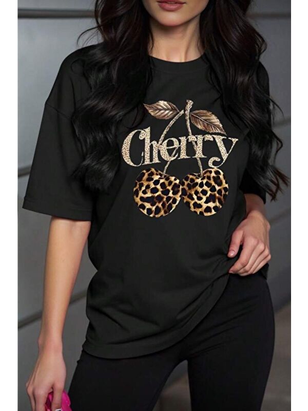 Oksit Gold Cherry Kadın Oversize Ön Baskılı Bisiklet Yaka Pamuklu T-Shirt Rahat Kesim