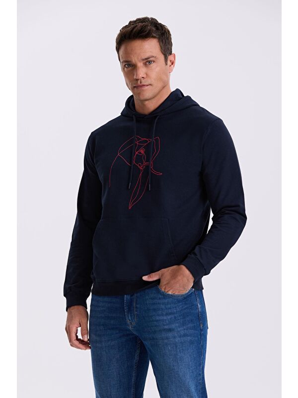 JAKAMEN Lacivert Slim Fit Kapüşonlu Baskılı %100 Pamuk Sweatshirt
