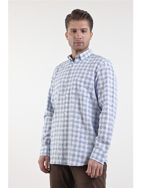 İMZA Beyaz-Mavi Düğmeli Yaka Uzun Kol Cepli Comfort Fit Pamuklu Gömlek 1004260178