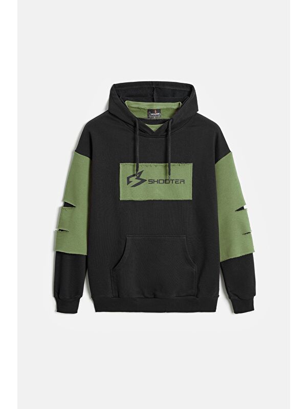 Shooter Sportswear Siyah - Haki Erkek Oversize Kapüşonlu Baskılı Kanguru Cepli Sweatshirt