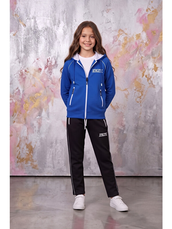 Pina Kids Kız Çocuk Atheletic Reglan Kol Kapüşonlu Düz Paça Dalgıç Kumaş Eşofman Takımı ESF7018