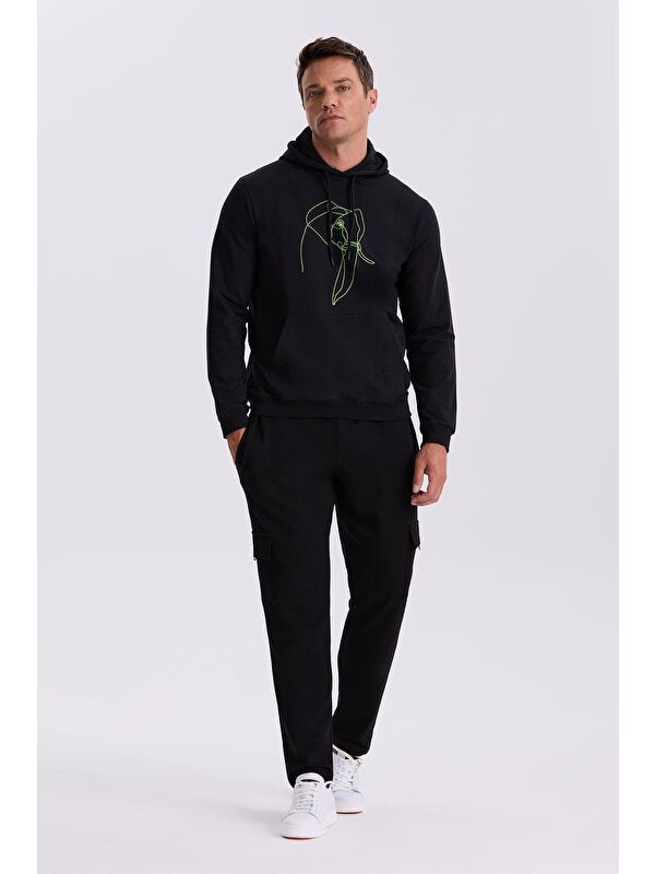 JAKAMEN Siyah Slim Fit Kapüşonlu Baskılı %100 Pamuk Sweatshirt