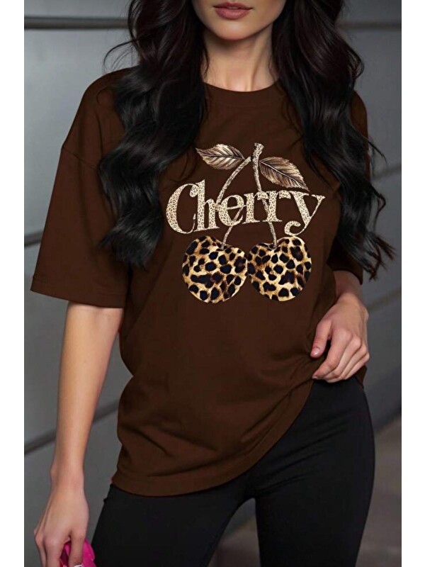 Oksit Gold Cherry Kadın Oversize Ön Baskılı Bisiklet Yaka Pamuklu T-Shirt Rahat Kesim