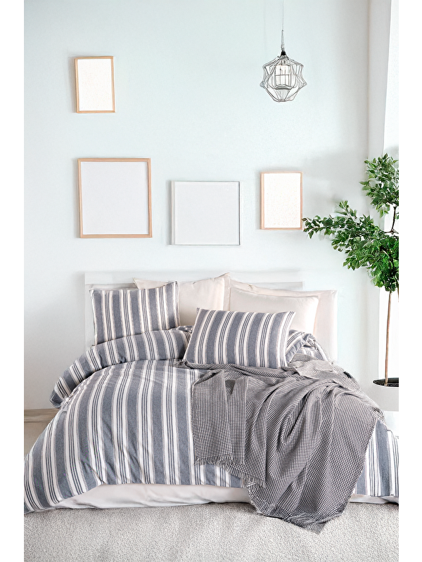 UPSTYLE Sport Çizgili Nevresim Takımı Çift Kişilik Soft Line Antrasit