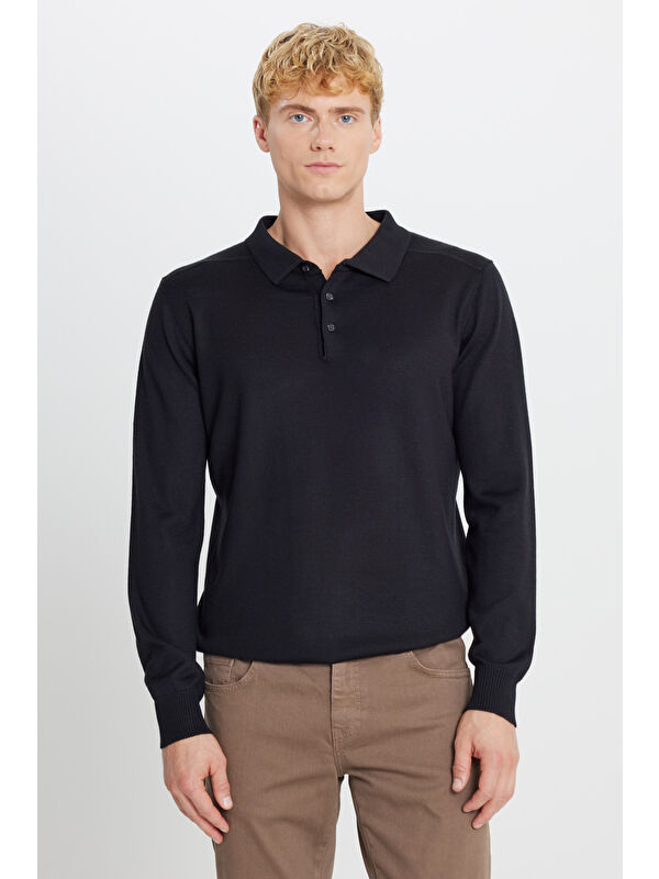 Altınyıldız Classics Erkek Siyah Yünlü Standart Fit Normal Kesim Polo Yaka Triko Kazak