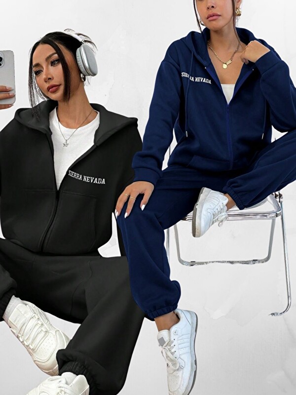 Trendseninle 2Li Set Siyah+Laci Sierra Nevada Baskılı Hırka Jogger Oversize Eşofman Takımı
