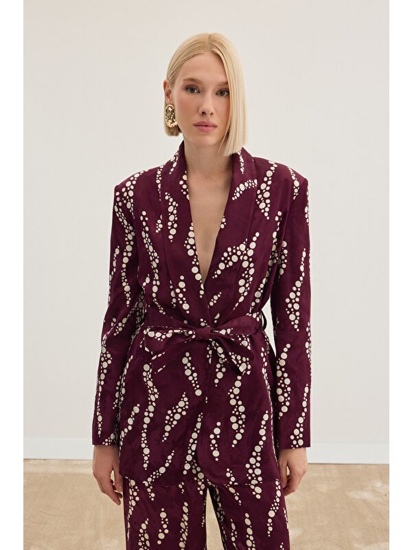 SATEEN Desenli Uzun Ceket - Bordo