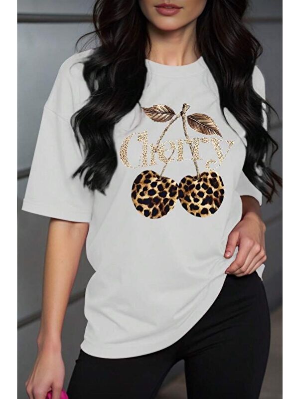 Oksit Gold Cherry Kadın Oversize Ön Baskılı Bisiklet Yaka Pamuklu T-Shirt Rahat Kesim