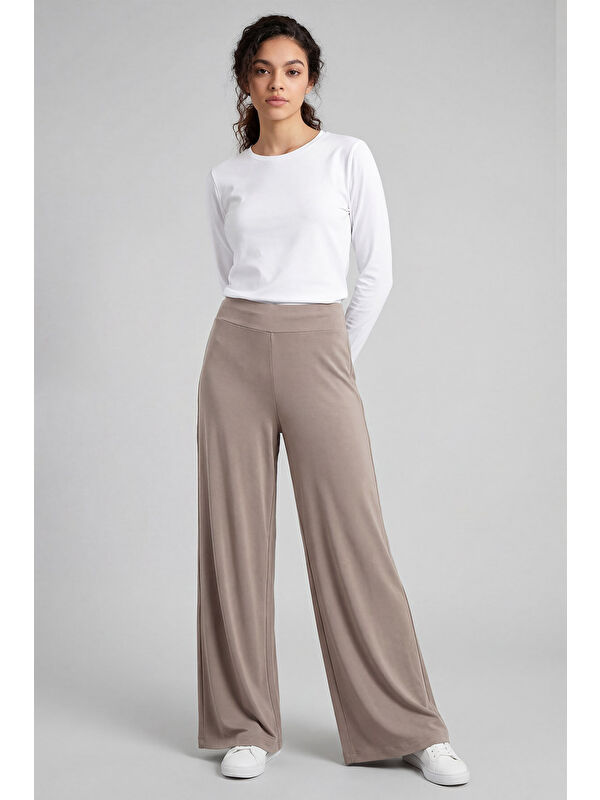 Tommylife Koyu Bej Comfort Fit Geniş Paça Korsajlı Palazzo Kadın Pantolon - 94681