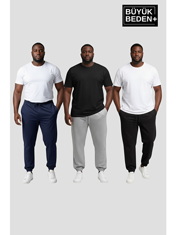 Süperlife Erkek Büyük Beden Üçlü Jogger Paça Lastikli İnce Eşofman Altı Seti SPR26BEA951+3