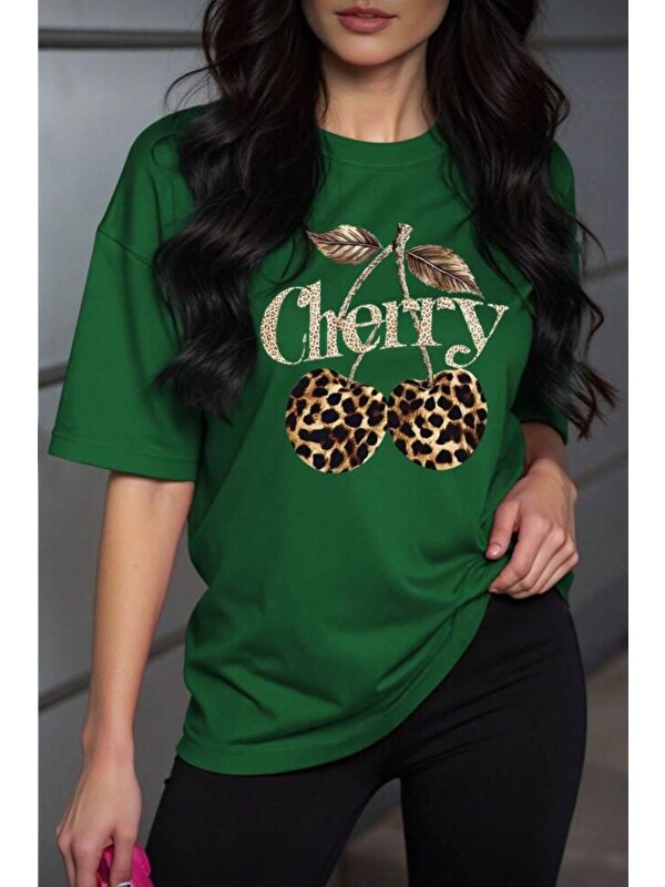 Oksit Gold Cherry Kadın Oversize Ön Baskılı Bisiklet Yaka Pamuklu T-Shirt Rahat Kesim