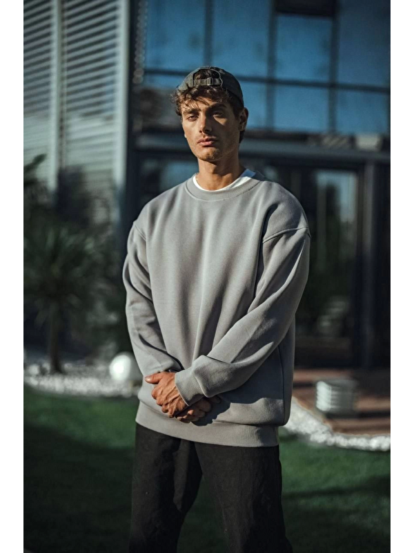Jane's Kışlık Bisiklet Yaka Üç İplik Basic SweatShirt - Boyalı Gri