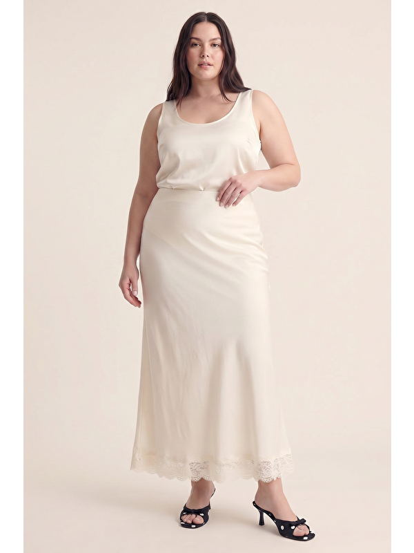 Mylinemoda Beli Lastikli Dantel Detaylı Saten Etek