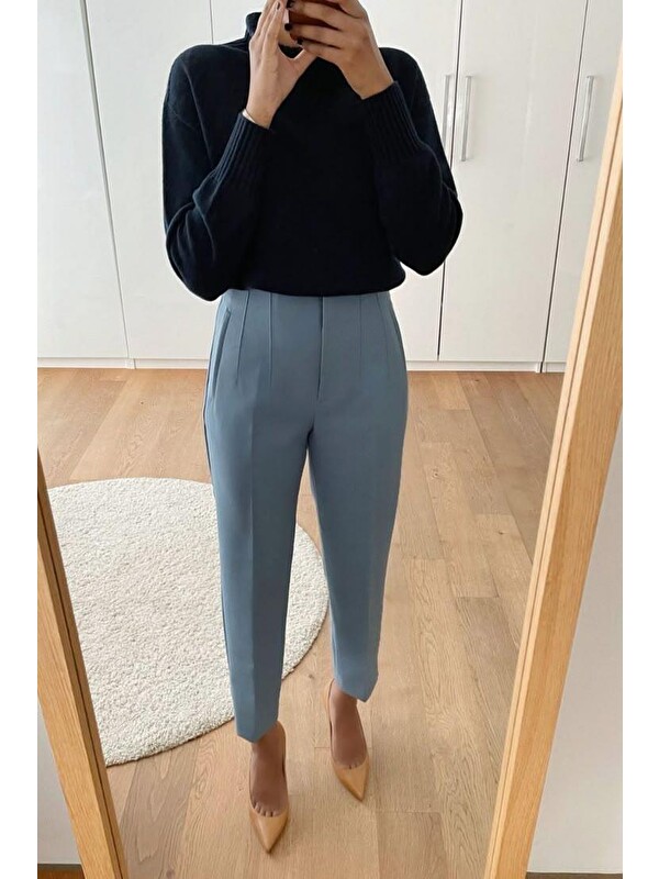Madmext İndigo Önü Biyeli Yüksek Bel Kadın Pantolon Mg2425