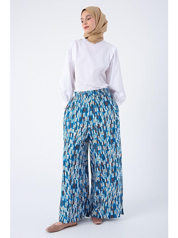 ALLDAY Koyu Mavi-Ekru-Baskılı Paçası Yırtmaçlı Beli Lastikli Wide Leg Viskon Keten Pantolon