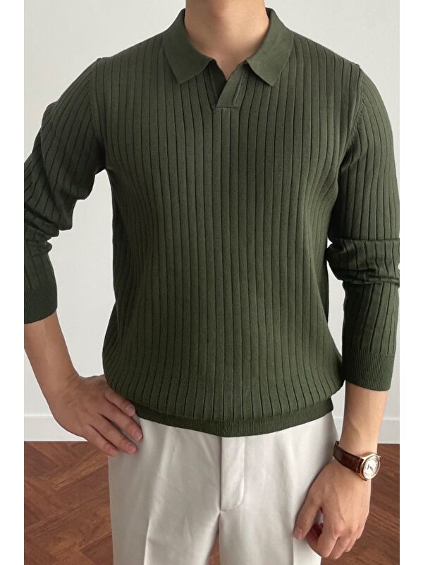 Tarz Cool Erkek Polo Yaka Triko Kazak Slim Fit Fitilli