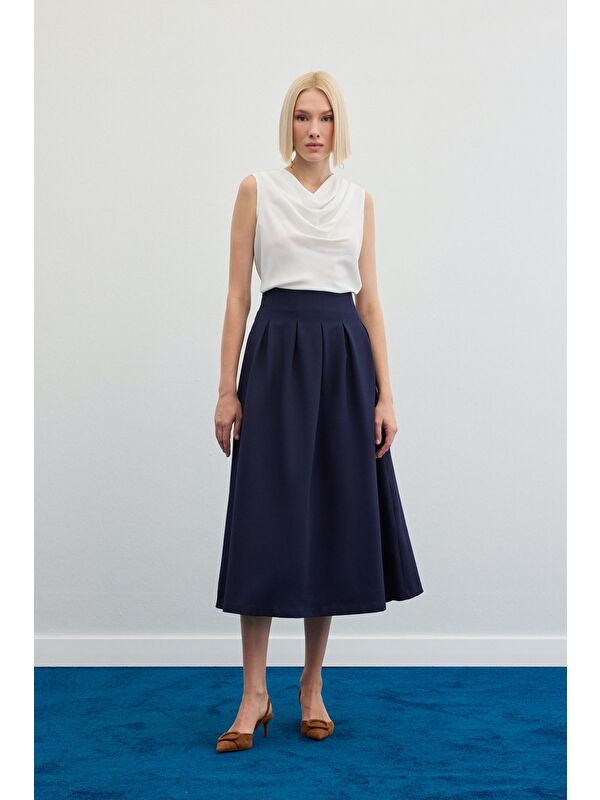 SATEEN Pileli Midi Etek - Lacivert