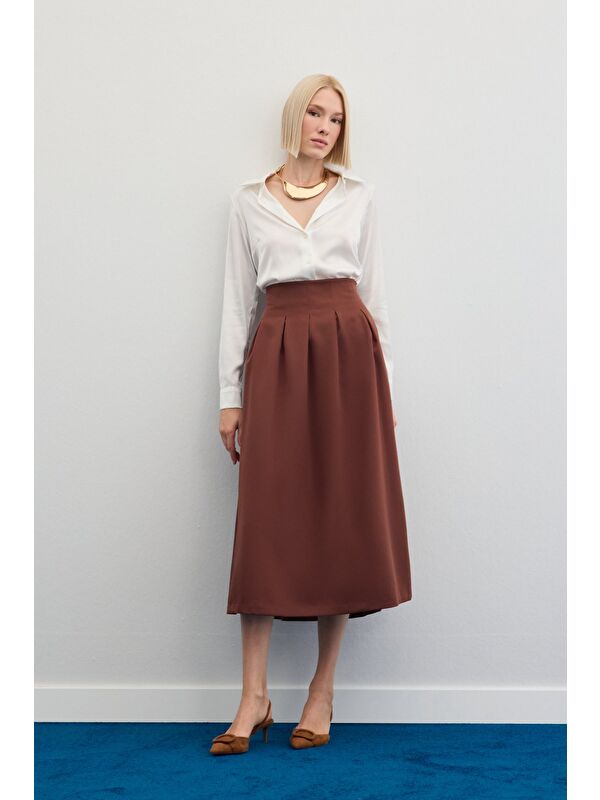 SATEEN Pileli Midi Etek - Kahve