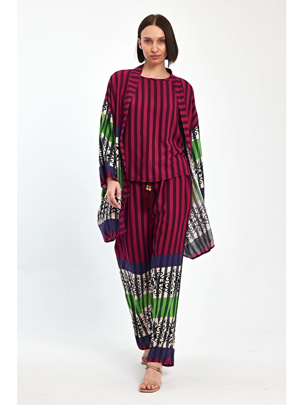 Hazelin Kadın Mürdüm Çizgili Atlet Kimono Ve Pantolon Dokuma Viscon Alt Üst Takım HZL25S-VM110421