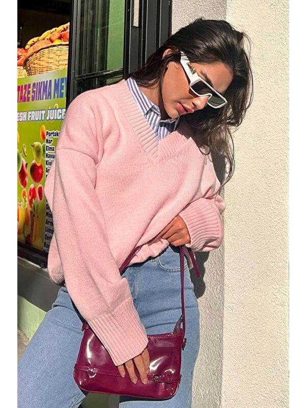 Madmext Pembe V Yaka Oversize Kadın Triko Kazak Mg2149