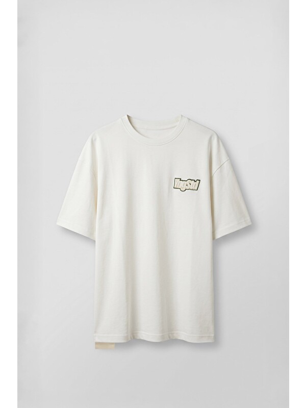 Abluka Online Erkek Boxy Fit Kabartma Nakışlı T-Shirt Ekru