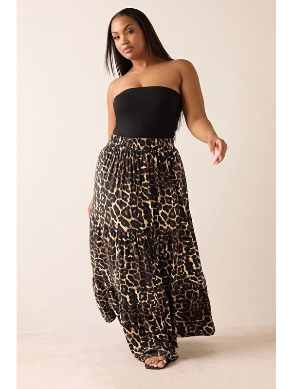 Stil Diva Büyük Beden Bürümcük Kumaş Leopar Desenli Beli Lastikli Etek 304237