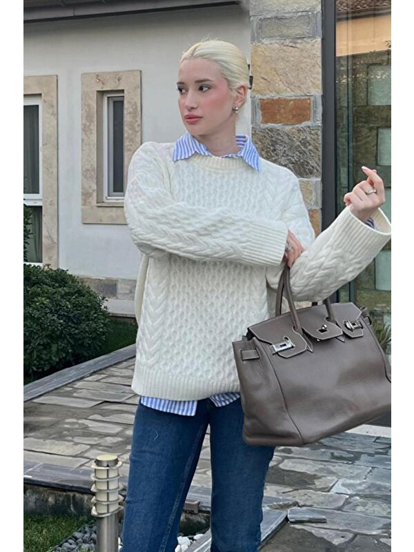 Madmext Ekru Bisiklet Yaka Oversize Triko Kazak Mg1969
