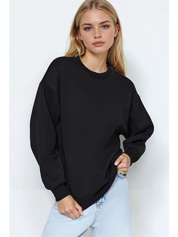 carla10 Basic Siyah Oversize Sweatshirt