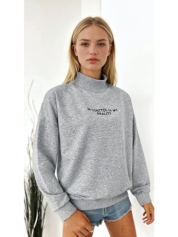 carla10 Kadın Dik Yaka Oversize Sweatshirt Yazı Baskılı