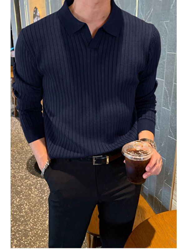 Tarz Cool Erkek Polo Yaka Triko Kazak Slim Fit Fitilli