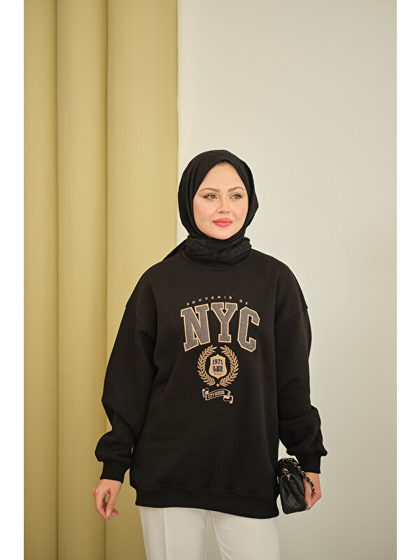 Locco Moda Kadın NYC Baskılı Sweat Siyah
