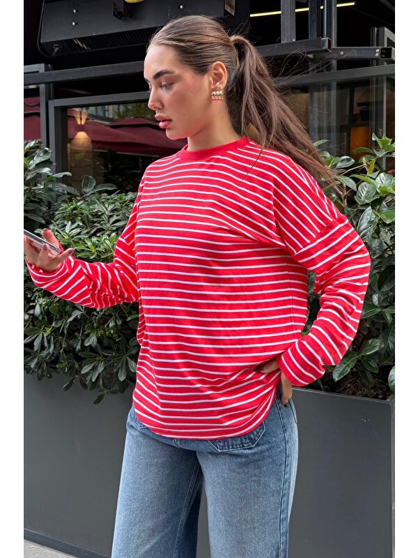 Madmext Kırmızı Çizgili Sweatshirt Mg2572