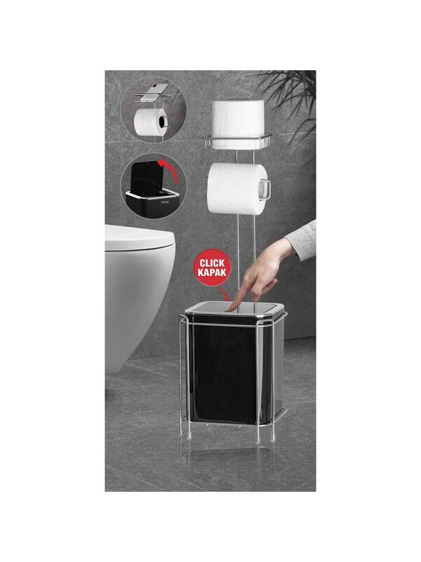Metalife Yedekli Wc Kağıtlığı ve Kare Çöp Kovası Seti - Siyah / Krom
