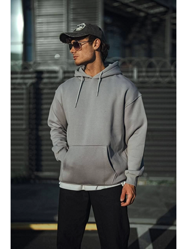 Jane's Üç İplik Penye Kapüşonlu Basic SweatShirt - Boyalı Gri