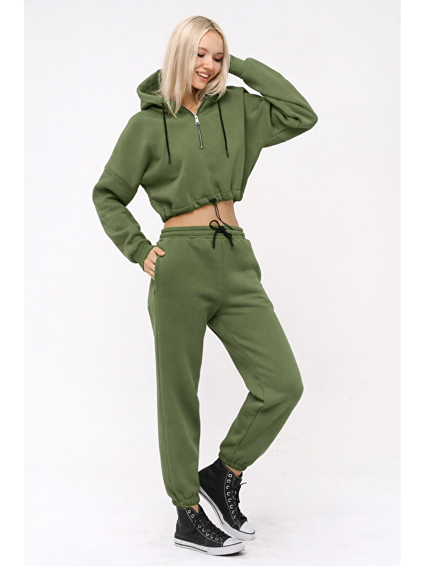 TRENDHILL Yarım Fermuarlı Kapüşonlu Crop Sweatshirt 5502H