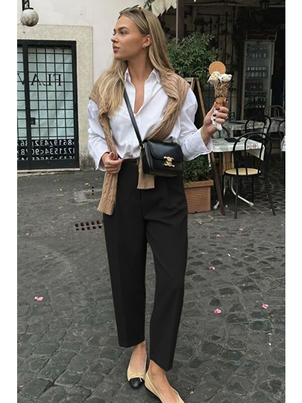 Madmext Siyah Yüksek Bel Pileli Kadın Kumaş Pantolon Mg2507
