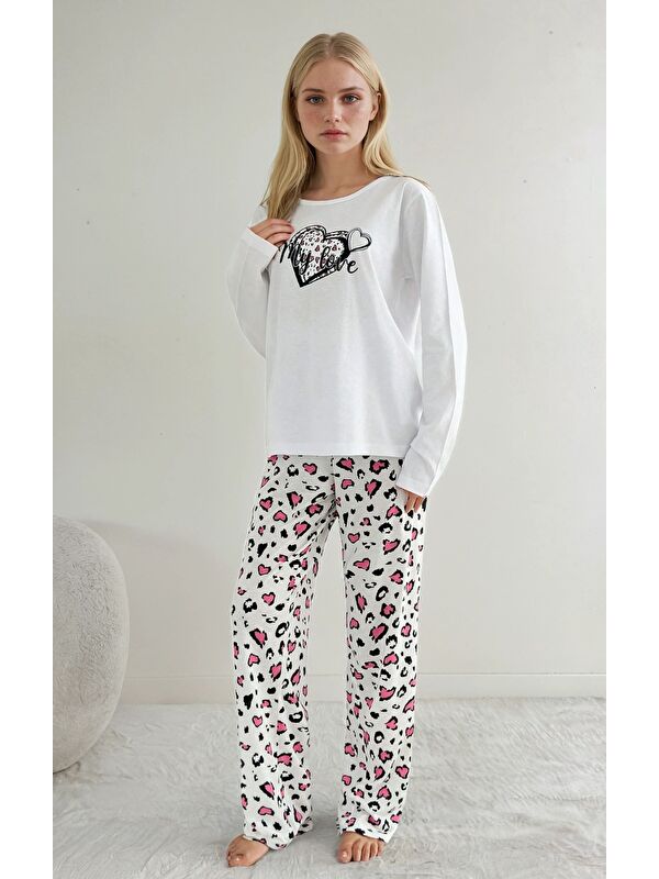carla10 My Love Baskılı Kadın Pijama Takımı Kalp Desenli Leopar Alt