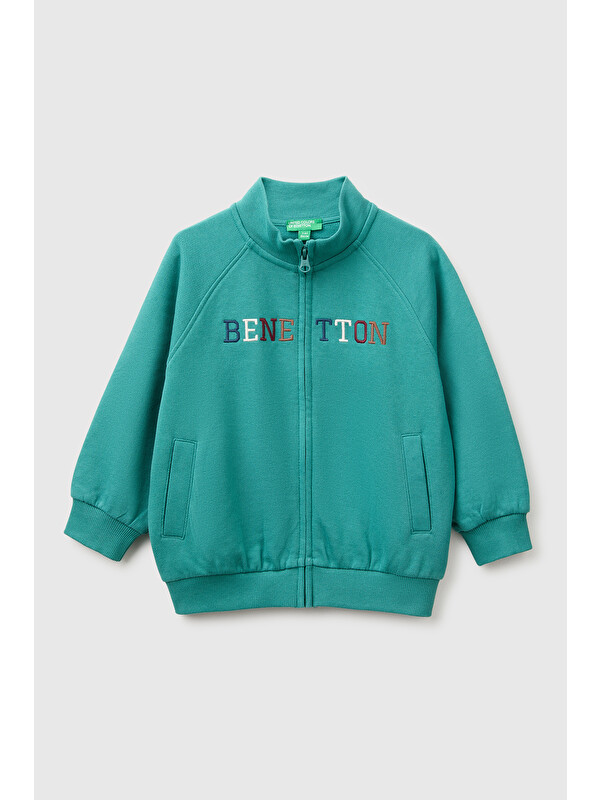 United Colors Of Benetton Erkek Bebek Petrol Yeşili Önü İşlemeli Ribanalı Boğazlı Fermuarlı Dik Yaka Sweatshirt