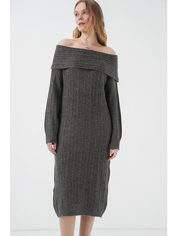 Bigdart 15920 Madonna Yaka Oversize Triko Elbise - Antrasit