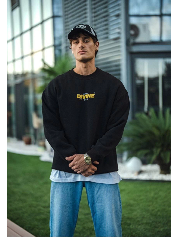 Jane's Kışlık Bisiklet Yaka Baskılı SweatShirt - Siyah