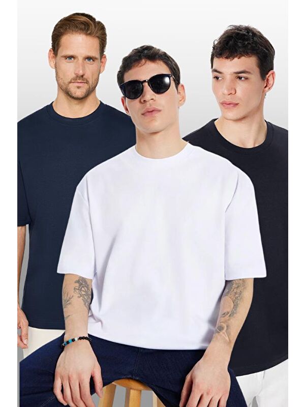 TUDORS Unisex 3'Lü Paket Lacivert-Beyaz-Siyah Oversize Geniş Kesim %100 Pamuk Basic Bisiklet Yaka Tişört