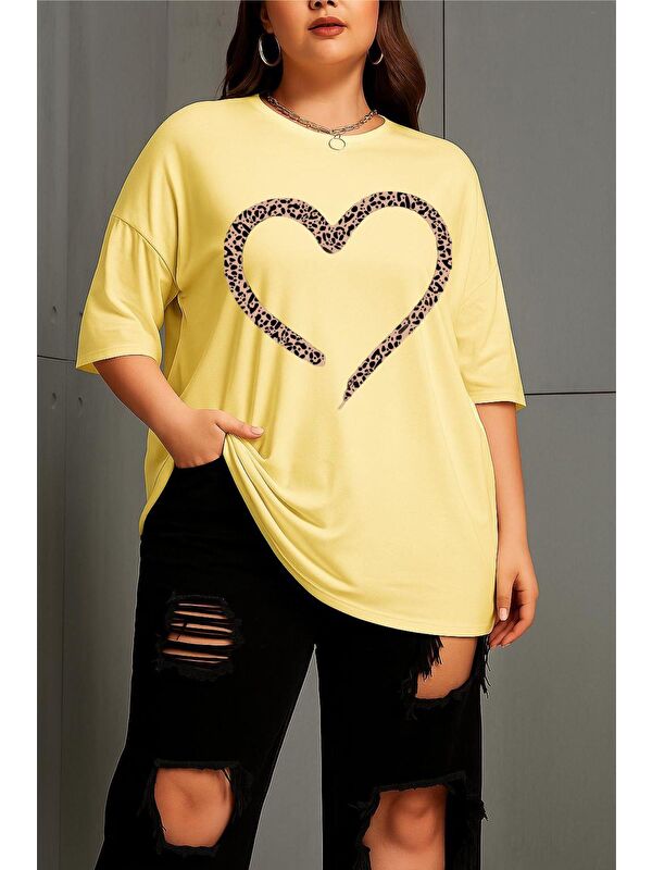 Oksit Love Kadın Büyük Beden Battal Baskılı Bisiklet Yaka Pamuklu T-Shirt Rahat Kesim Unisex Sevgili Kombi
