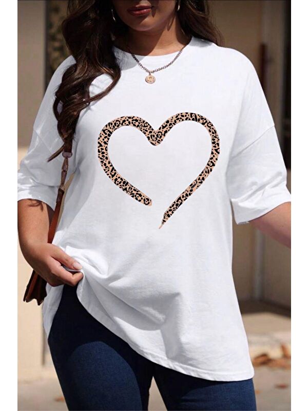 Oksit Love Kadın Büyük Beden Battal Baskılı Bisiklet Yaka Pamuklu T-Shirt Rahat Kesim Unisex Sevgili Kombi