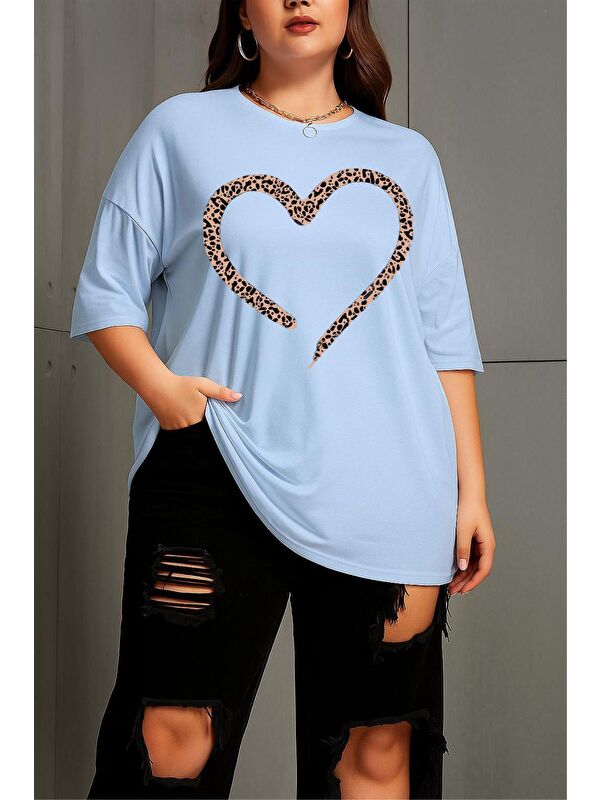 Oksit Love Kadın Büyük Beden Battal Baskılı Bisiklet Yaka Pamuklu T-Shirt Rahat Kesim Unisex Sevgili Kombi