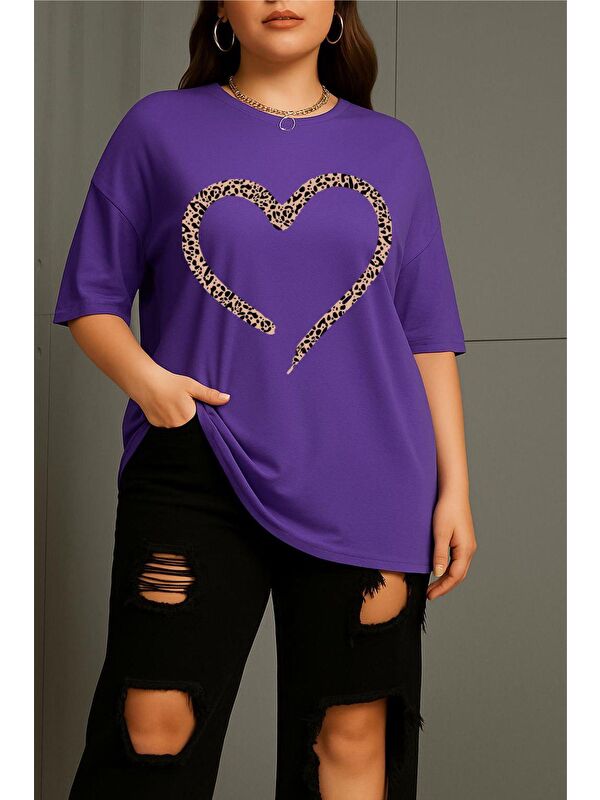 Oksit Love Kadın Büyük Beden Battal Baskılı Bisiklet Yaka Pamuklu T-Shirt Rahat Kesim Unisex Sevgili Kombi